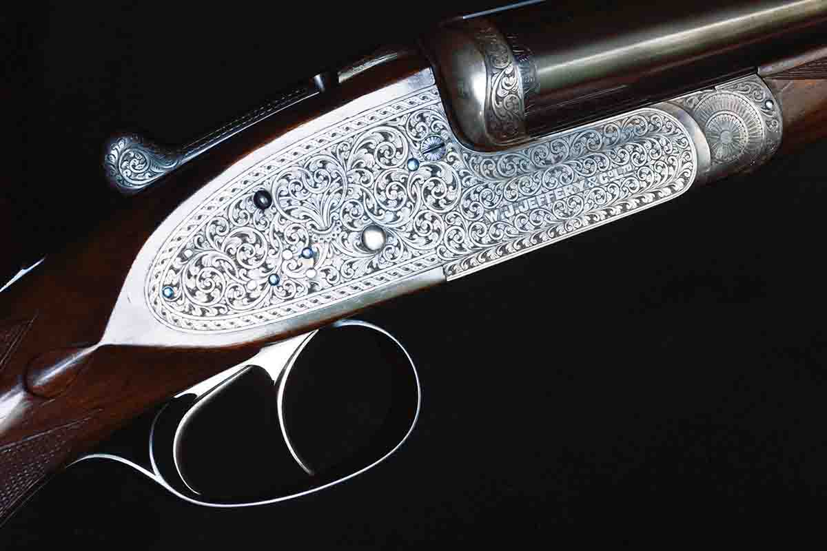 A W.J. Jeffery sidelock double rifle from before 1914. One of the most beautiful double rifles Terry has ever seen, yet the engraver’s name is unknown – probably one of the many freelance engravers working in London at the time, who charged by the hour. It’s a masterpiece by any measure.